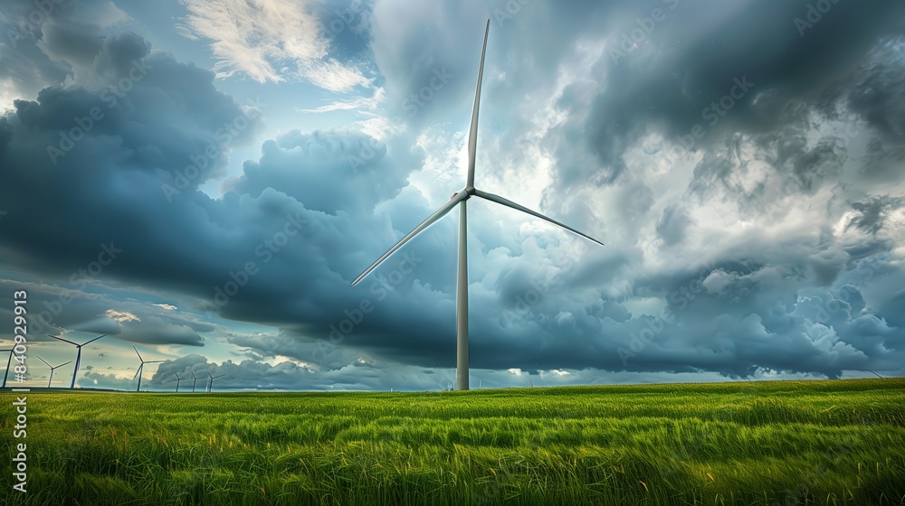 Obraz premium Wind Turbine in Green Field under Cloudy Sky