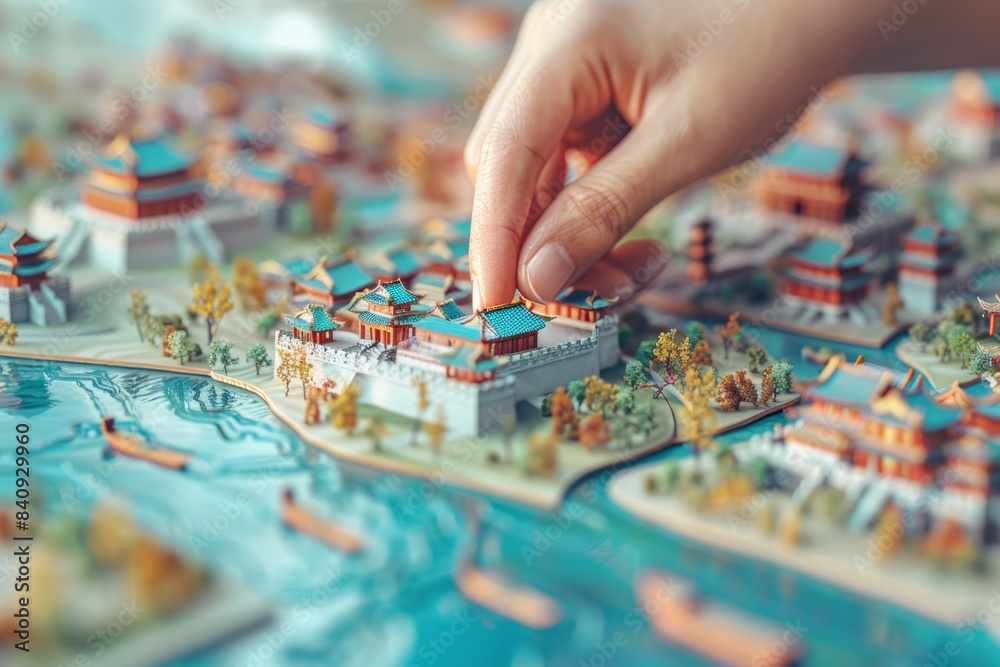 A hand carefully adjusting a detailed miniature city model, showcasing ...