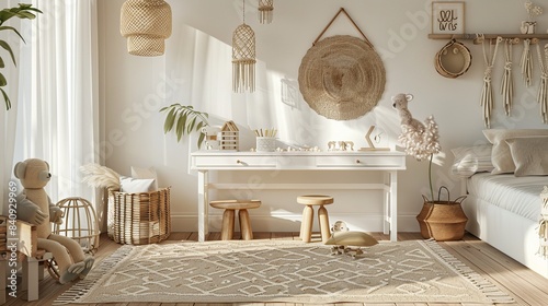 Warm and cozy kids room interior with a white desk, stool, rattan sideboard, stylish toys, plush monkey, macrame, wooden blockers, beige rug and personal accessories. Home decor.  
 photo