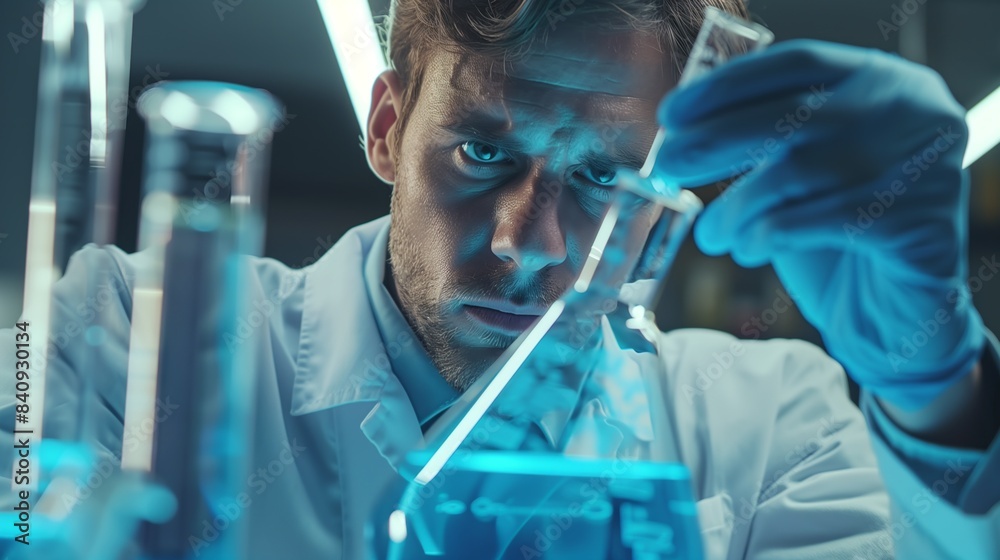 Scientist analyzing blue substance in lab. Concept of research and discovery. Scientist analyzing blue substance in lab. Concept of research and discovery.
