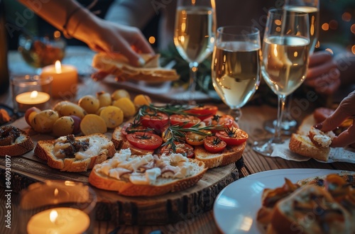 Hand Reaching for Appetizer Bruschetta With Tomatoes  Cheese  and Rosemary on Wooden Board During Dinner Party