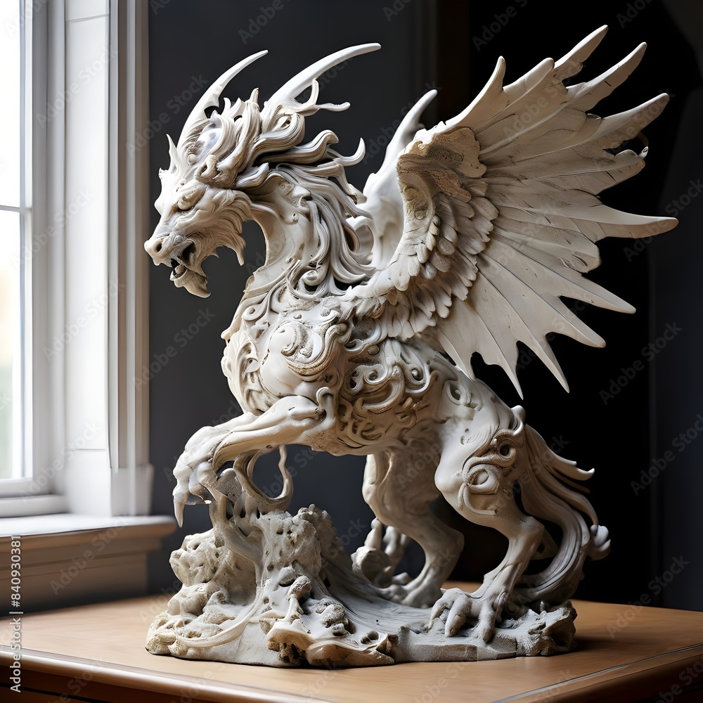 a statue of a dragon with a window behind it a statue of a dragon with a window behind it
