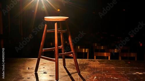 wooden stool on a stand-up comedy stage featuring a high contrast image and reflectors photo