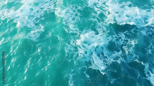 Aerial view of aquamarine sea surface  Rough sea texture  Top view natural background of rippled sea-green sea water  Marine theme with copy space