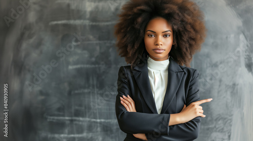 A woman in a business suit stands in front of a chalkboard