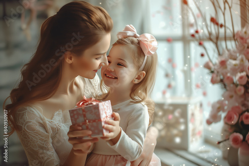 A woman is holding a small child and a white box