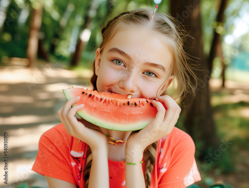 A young girl is holding a watermelon slice in her hand and smiling