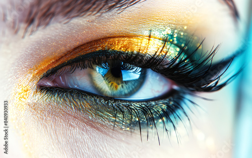 A woman's eye with gold and green eye shadow