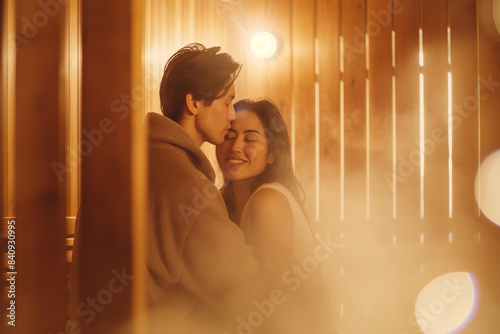 Young couple embraces in a warm sauna together