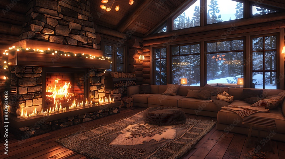 cozy cabin interior with a crackling fireplace comfortable seating and warm glowing lights cut out on an isolated minimalistic background cozy cabin interior with a crackling fireplace comfortable seating and warm glowing lights cut out on an isolated minimalistic background