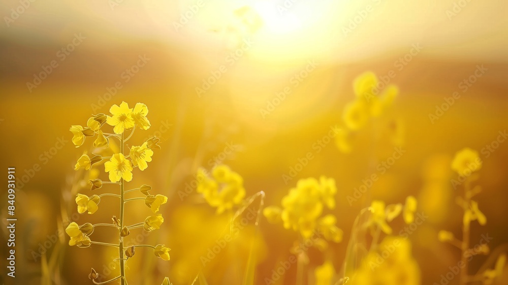 A close-up shot of blooming rapeseed flowers in a field at sunset A close-up shot of blooming rapeseed flowers in a field at sunset