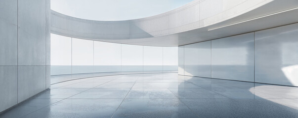 Empty minimal abstract architecture building interior or exterior concrete design open space floor courtyard white showcase area and curved walls museum, display showroom mockup environment background