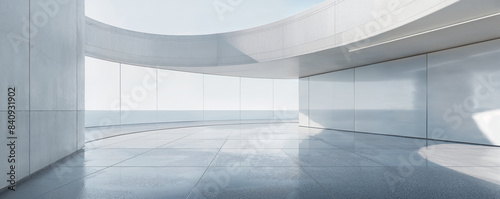 Empty minimal abstract architecture building interior or exterior concrete design open space floor courtyard white showcase area and curved walls museum, display showroom mockup environment background