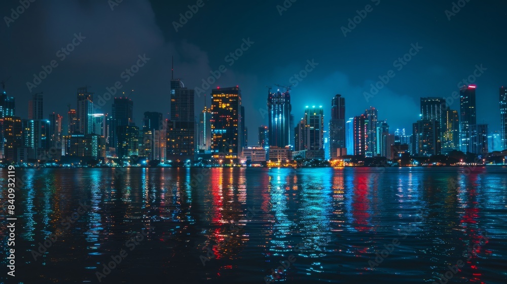 Fototapeta premium Illuminated Urban Cityscape at Night Featuring Skyscrapers, Neon Lights, and Vibrant Street Life in a Metropolitan Downtown Area. Perfect Representation of Modern Nightlife and Urban Exploration with 
