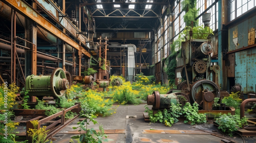 A rust-belt park now thrives, blending abandoned machinery with lush plants, creating an industrial symphony. A rust-belt park now thrives, blending abandoned machinery with lush plants, creating an industrial symphony.