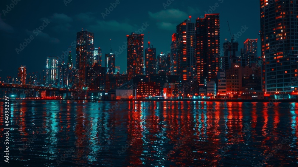 Fototapeta premium Illuminated Urban Cityscape at Night Featuring Skyscrapers, Neon Lights, and Vibrant Street Life in a Metropolitan Downtown Area. Perfect Representation of Modern Nightlife and Urban Exploration with 