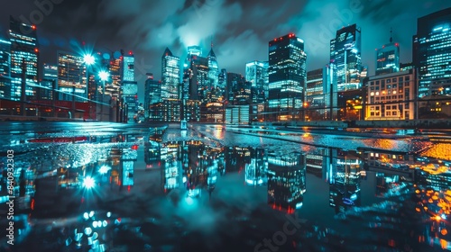 Illuminated Urban Cityscape at Night Featuring Skyscrapers, Neon Lights, and Vibrant Street Life in a Metropolitan Downtown Area. Perfect Representation of Modern Nightlife and Urban Exploration with  photo