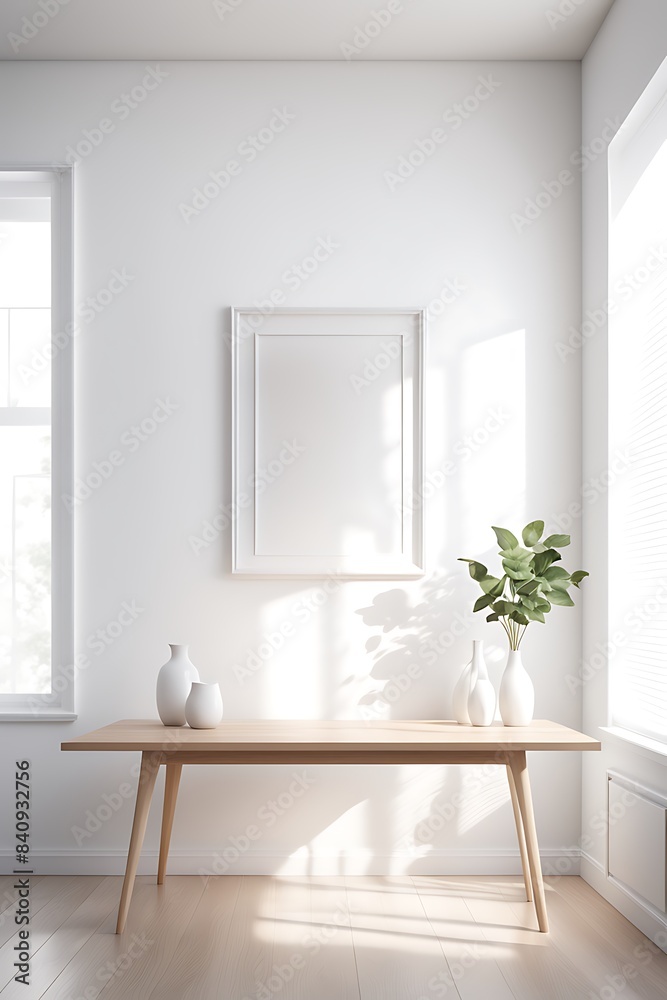 Fototapeta premium Mock up frame in home interior background, white room with natural wooden table and decor, 3d render