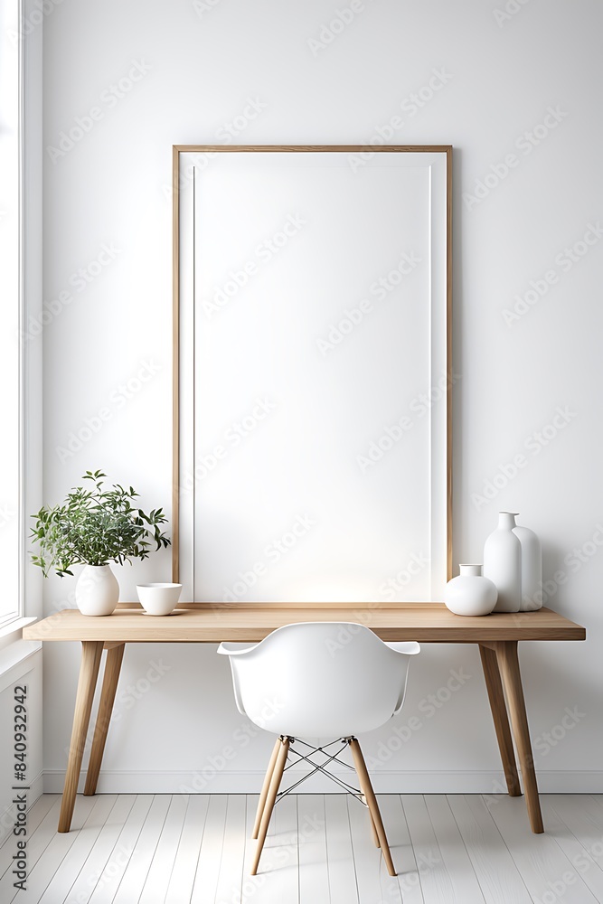 Mock up frame in home interior background, white room with natural wooden table and decor, 3d render Mock up frame in home interior background, white room with natural wooden table and decor, 3d render