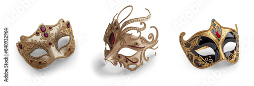 set of classic design of Venice or opera theatre face mask costume, for party or festival events isolated on transparent png cutout background photo