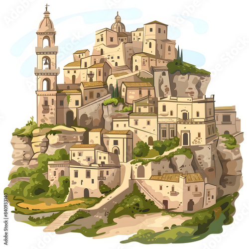 view of the ancient town of matera, sassi di matera in basilicata, southern italy isolated on white background, png