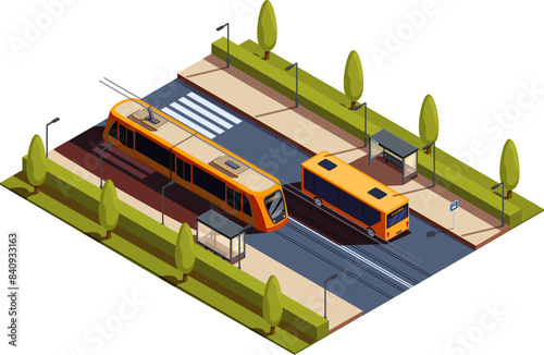 isometric bus stop with tram and bus, vector illustration