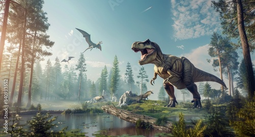 Fototapeta Naklejka Na Ścianę i Meble -  Prehistoric dinosaurs roaming forest with wildlife in background adventure travel in ancient times