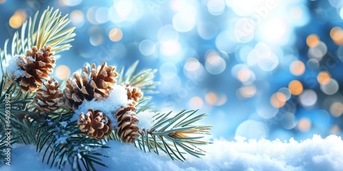 Christmas snowy winter holiday celebration greeting card banner panorama - Closeup of pine branch with pine cones and snow, defocused blurred background with blue sky and bokeh lights, Generative AI