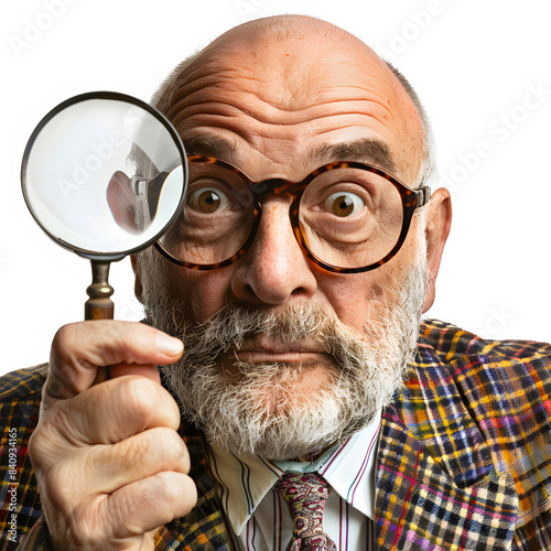 funny man businessman man with a magnifying glass in his hand isolated on white background, detailed, png photo