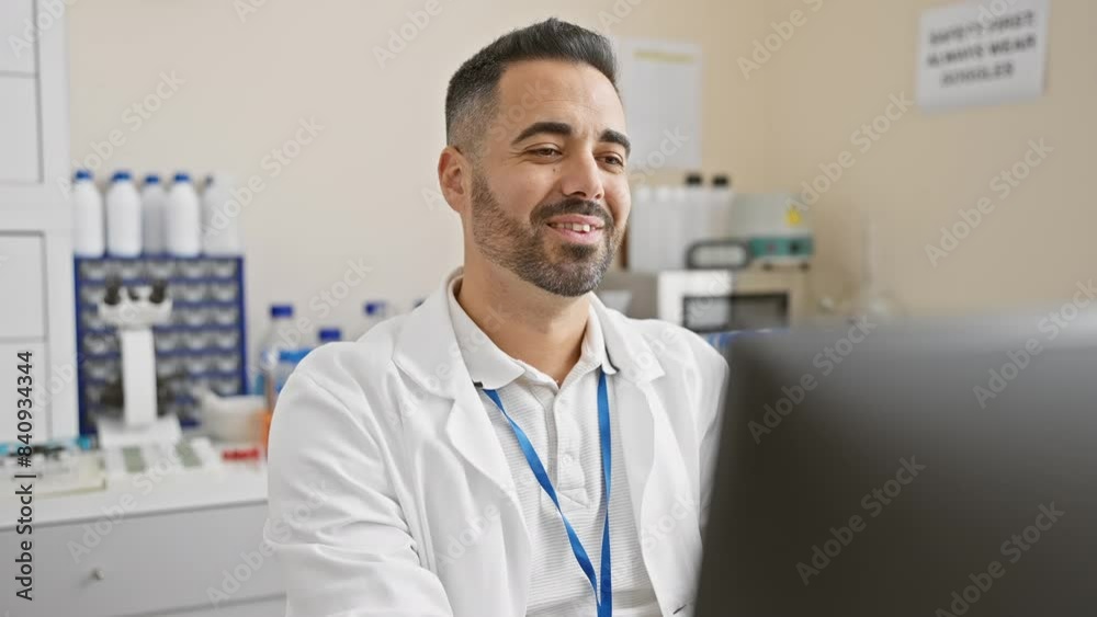 Young hispanic man wearing scientist uniform using computer with a happy and cool smile on face. lucky person. at laboratory Young hispanic man wearing scientist uniform using computer with a happy and cool smile on face. lucky person. at laboratory