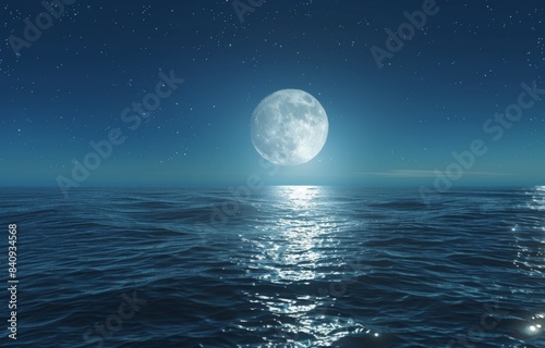 Full Moon Shining on a Peaceful Ocean with Starry Night Sky © JH