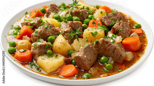 stew - lamb with turnips, carrots, potatoes, onions and peas, in a thick glossy sauce isolated on white background, professional photography, png