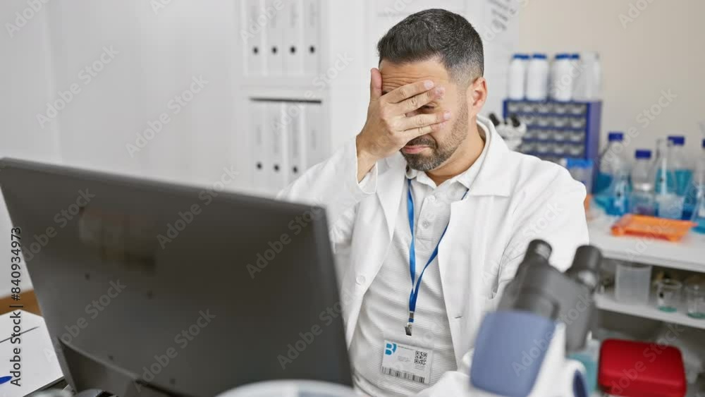 Baffled young hispanic man in scientist uniform doing a double-take, peeking via splayed fingers to cover face. the shock in his eyes screams 'wow' in the lab! Baffled young hispanic man in scientist uniform doing a double-take, peeking via splayed fingers to cover face. the shock in his eyes screams 'wow' in the lab!