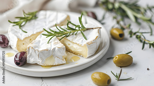 plate with pieces of tasty camembert cheese, olives and rosemary on white table, closeup isolated on white background, text area, png