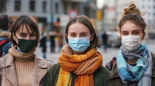 Three young women walk down a city street, all wearing face masks as a precaution against the spread of illness