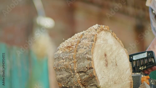 Freshly cut tree trunk section, showcasing rugged bark and smooth wood surface. Chainsaw blade visible, indicating precise cut. Blurred, colorful background contrasts with natural wood texture