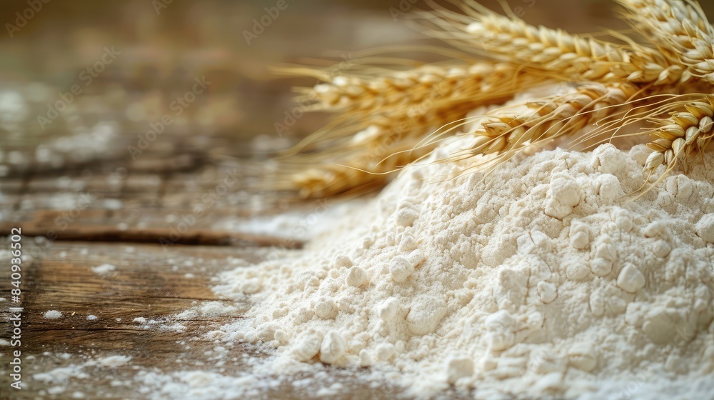 Pile of flour with golden ears of wheat on a rustic wooden table, showcasing freshly sifted ingredients Pile of flour with golden ears of wheat on a rustic wooden table, showcasing freshly sifted ingredients