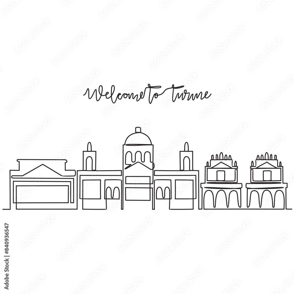One continuous line drawing of Torino skyline vector illustration. Modern city in Europe in simple linear style vector design concept. One of big city in Italy. Iconic architectural building design. One continuous line drawing of Torino skyline vector illustration. Modern city in Europe in simple linear style vector design concept. One of big city in Italy. Iconic architectural building design.