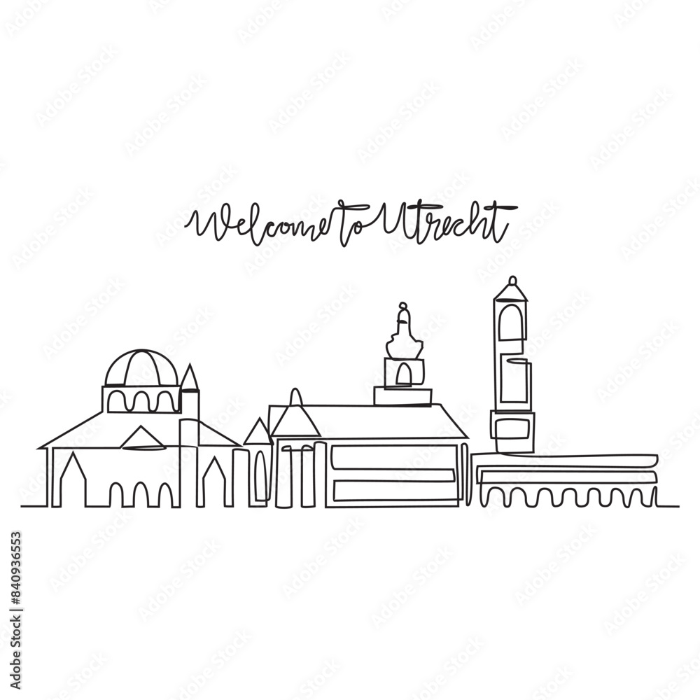 One continuous line drawing of Utrecht skyline vector illustration. Modern city in Europe in simple linear style vector design concept. One big city in Netherlands. Iconic architectural building. One continuous line drawing of Utrecht skyline vector illustration. Modern city in Europe in simple linear style vector design concept. One big city in Netherlands. Iconic architectural building.