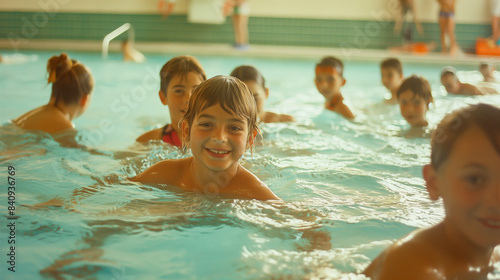 Group of happy kids learning swimming in indoor summer pool. Happy children kids group at swimming pool class learning to swim, happy summer vacation © Natali