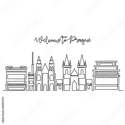 One continuous line drawing of Prague skyline vector illustration. Modern city in Europe in simple linear style vector design concept. One big city in Czech Republic. Iconic architectural building.