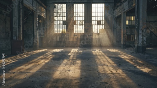 Abandoned warehouse interior with eerie lighting casting long shadows across the floor