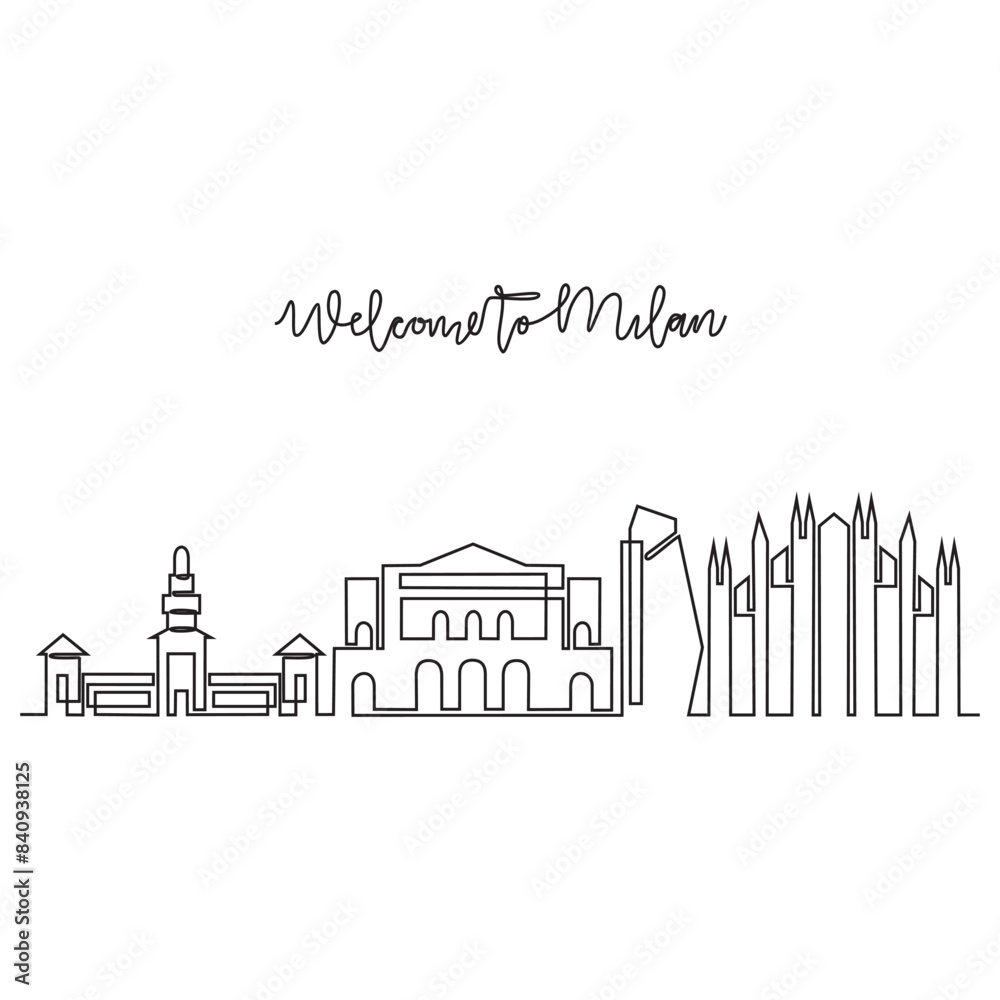 Fototapeta premium One continuous line drawing of Milan skyline vector illustration. Modern city in Europe in simple linear style vector design concept. One of big city in Italy. Iconic architectural building design.