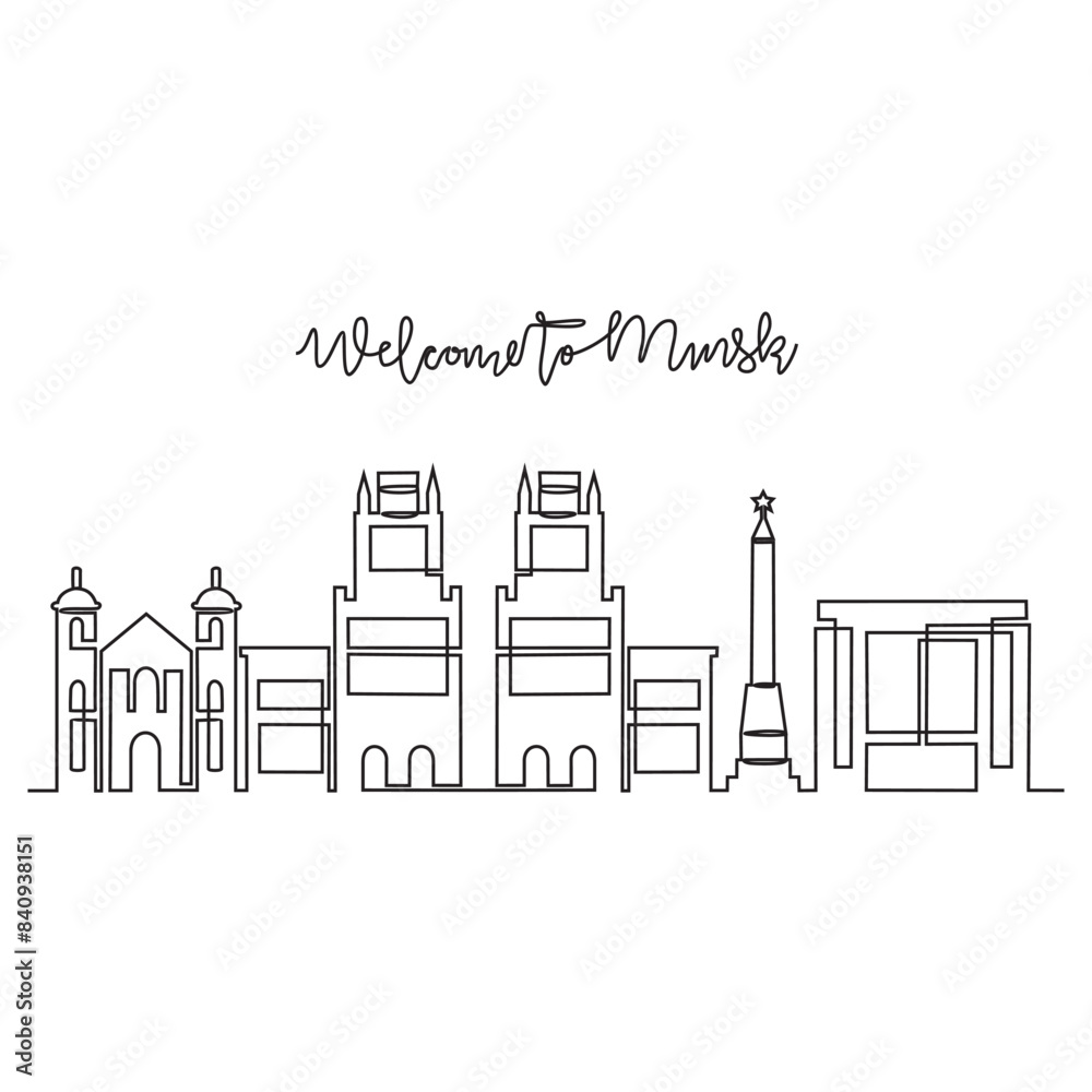 Naklejka premium One continuous line drawing of Minsk skyline vector illustration. Modern city in Europe in simple linear style vector design concept. One of big city in Belarus. Iconic architectural building design.