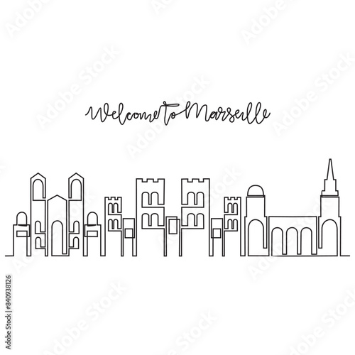 One continuous line drawing of Marseille skyline vector illustration. Modern city in Europe in simple linear style vector design concept. One big city in France. Iconic architectural building design.