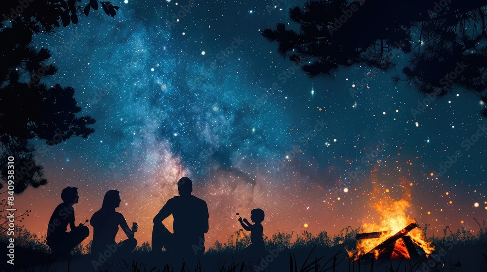 Fototapeta premium Big family silhouette gathered around a campfire, roasting marshmallows under a starry sky