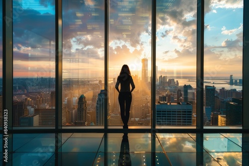 in the background of this photo of a woman there is a view of the city at night photo