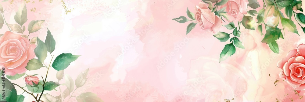 Obraz premium Botanical Roses. Watercolor Border with Pink Roses and Green Leaves for Wedding and Greeting Illustration
