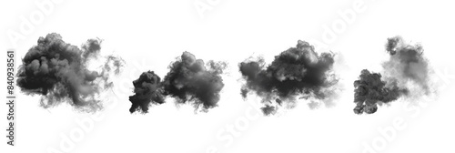 Black Clouds On White. Set of Abstract Black Smoke in White Background