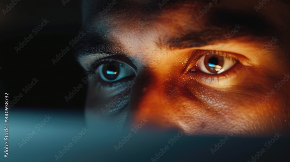 Close-up of a man's face illuminated by the glow of a laptop screen as he explores AI innovations Close-up of a man's face illuminated by the glow of a laptop screen as he explores AI innovations